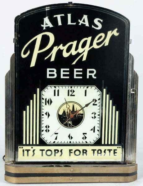 ATLAS PRAGER BEER REVERSE GLASS CLOCK.            
