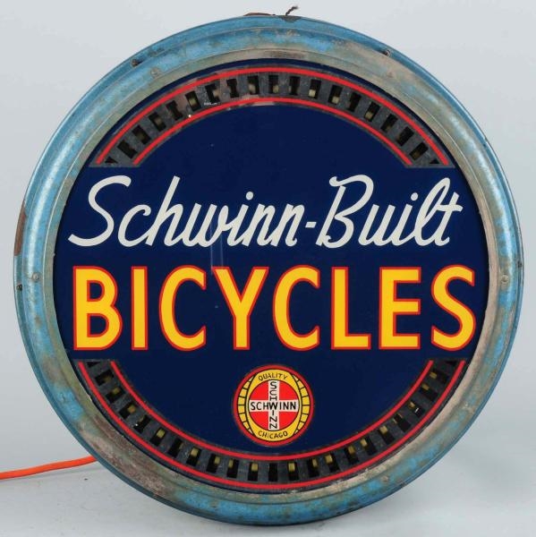 SCHWINN BUILT BICYCLES REVERSE GLASS SPINNER SIGN 