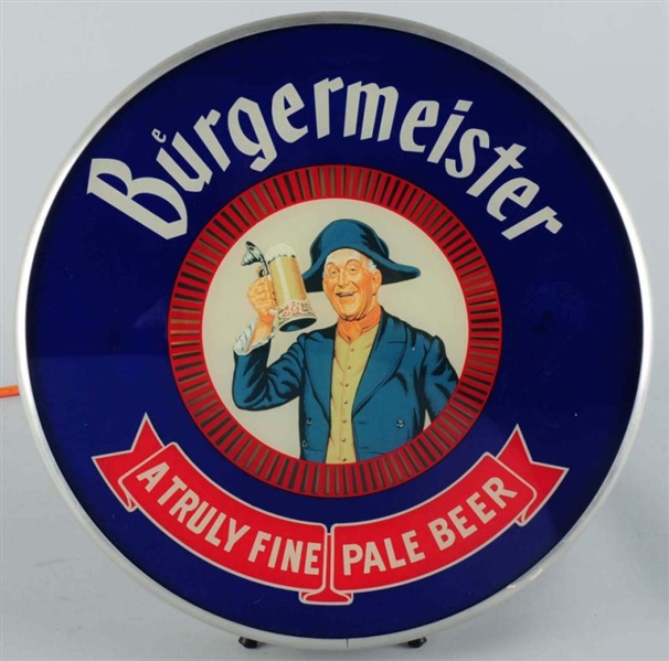 BURGERMEISTER REVERSE GLASS SPINNER SIGN.         