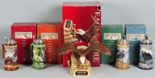 RARE EAGLE WHISKEY DECANTER & 4 BIRDS OF PREY.    