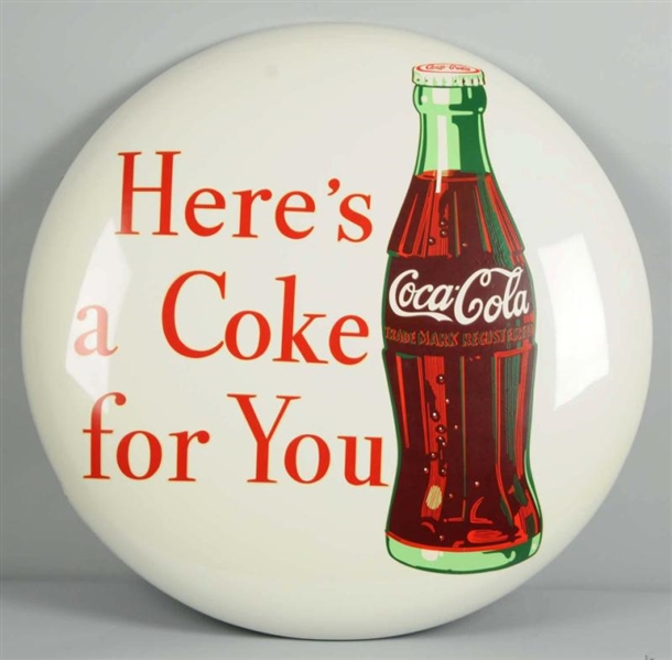 WHITE COCA-COLA LARGE DECALED BUTTON SIGN.        