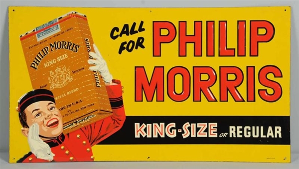 1940S-50S EMBOSSED TIN PHILIP MORRIS SIGN.        