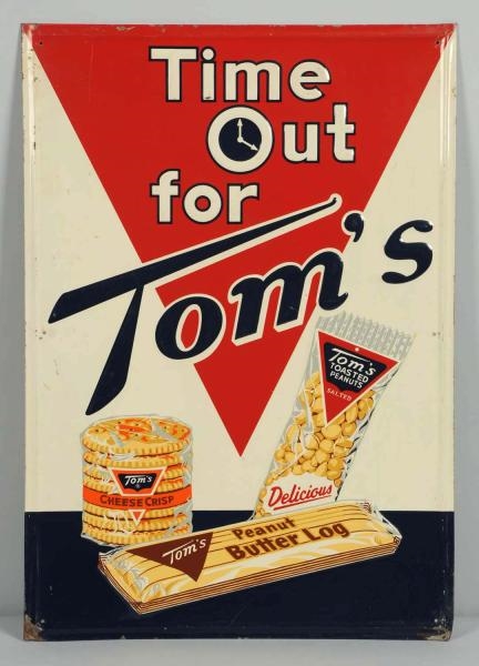 1940S TOMS EMBOSSED TIN SIGN.                    