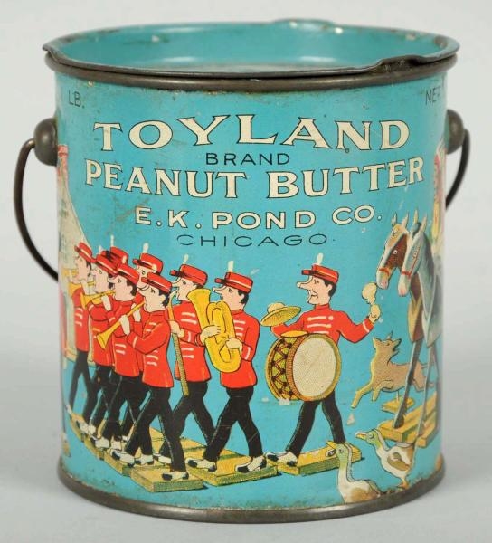 SMALL TOYLAND PEANUT BUTTER PAIL WITH HANDLE.     