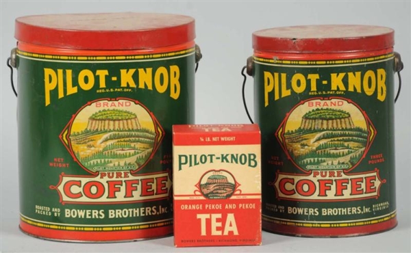 LOT OF 2: PILOT KNOB COFFEE TINS & TEA BOX.       