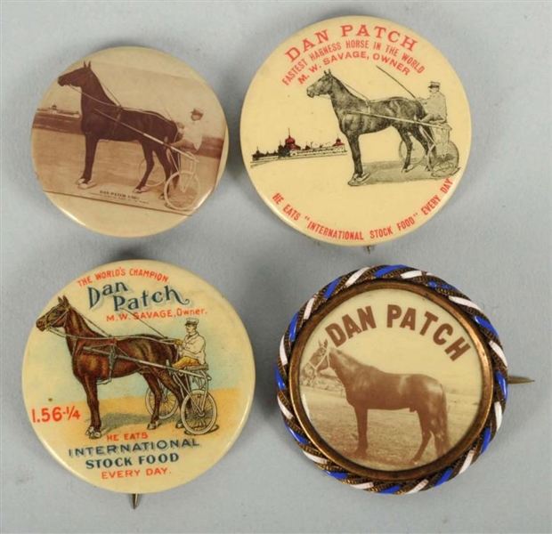 LOT OF 4: CELLULOID DAN PATCH BUTTONS.            