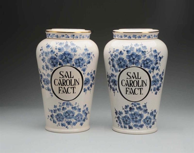 LOT OF 2: EARLY CERAMIC APOTHECARY JARS.          