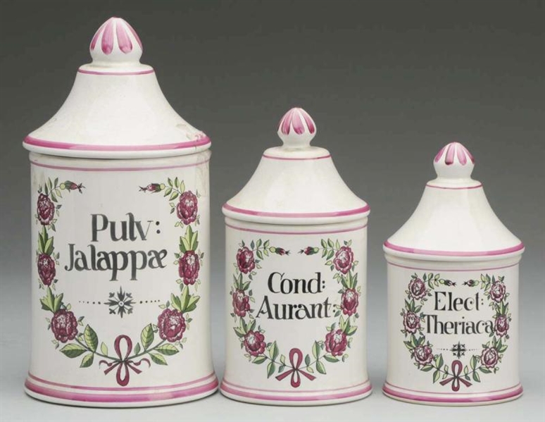 LOT OF 3: EARLY APOTHECARY JARS.                  