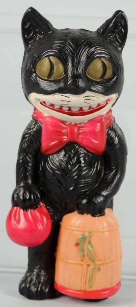 CELLULOID HALLOWEEN BLACK CAT HOLDING PARROT CAGE 