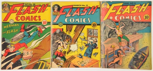 LOT OF 3: 1940S FLASH COMICS COMIC BOOKS.         