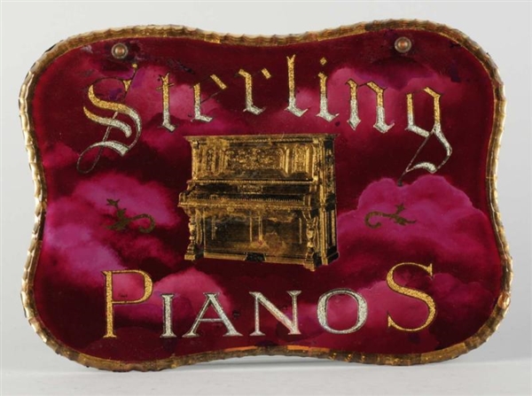 1890S-1900S REVERSE ON GLASS STERLING PIANOS SIGN 