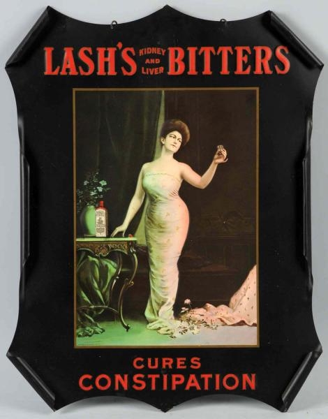 LASHS BITTERS EMBOSSED TIN SIGN.                 