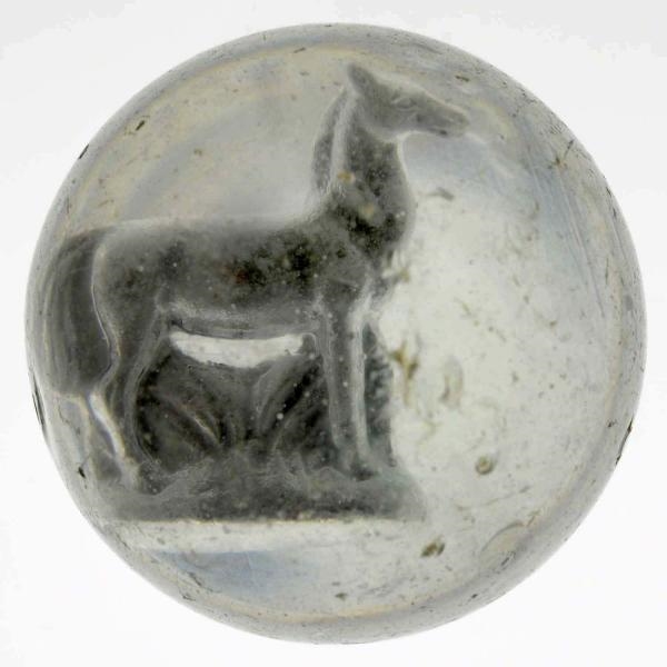 STANDING HORSE DONUT HOLE SULPHIDE MARBLE.        