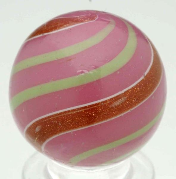 RARE PINK OPAQUE LUTZ MARBLE WITH GREEN LINES.    