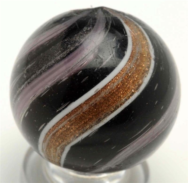 BLACK OPAQUE LUTZ MARBLE WITH PURPLE BANDS.       