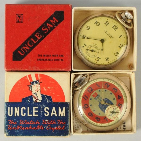LOT OF 2: UNCLE SAM CHARACTER POCKET WATCHES.     