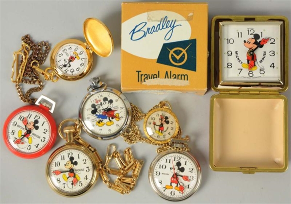 LOT OF 7: MICKEY POCKET WATCHES & TRAVEL ALARMS.  