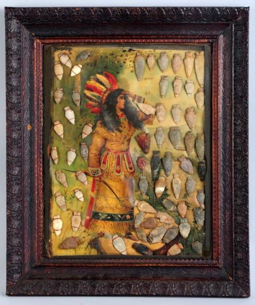 FRAMED PICTURE OF NATIVE AMERICAN WITH ARROWHEADS 