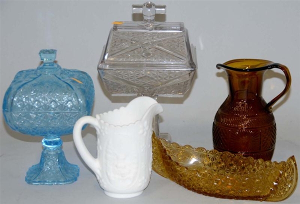 LOT OF 5: PRESSED GLASS PIECES.                   