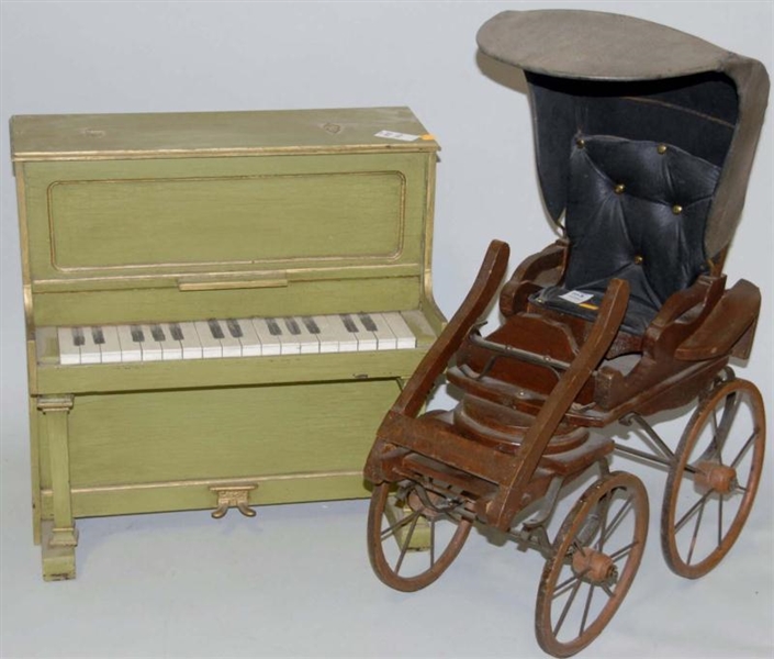 DOLL CARRIAGE & WOODEN PIANO TOY.                 