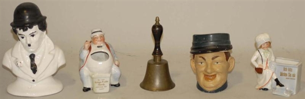 FOUR BISQUE FIGURAL ITEMS & ONE BELL.             