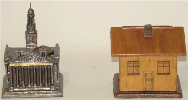 METAL INKWELL & WOODEN HOUSE.                     