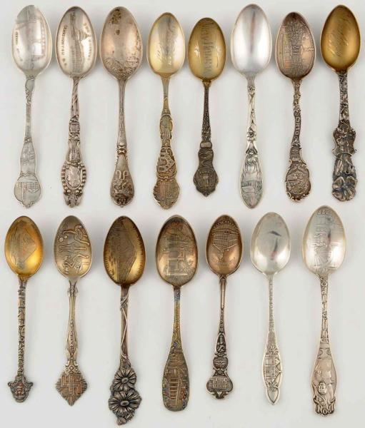LOT OF 15: STERLING SILVER SOUVENIR SPOONS.       