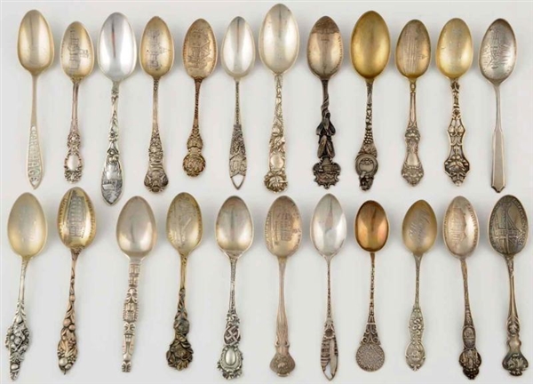 LOT OF 23: STERLING SILVER SOUVENIR SPOONS.       