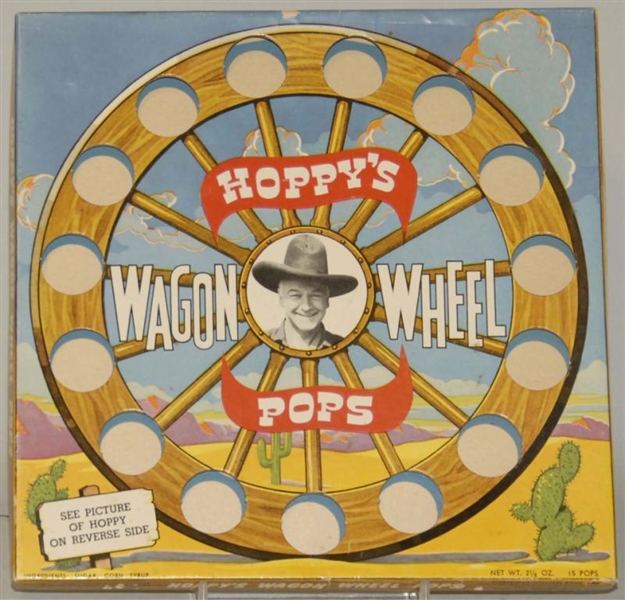 VINTAGE HOPALONG CASSIDY WAGON WHEELS POPS BOX.   