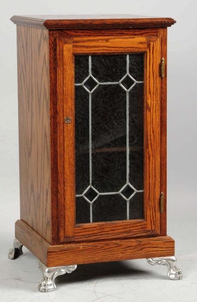 LEADED GLASS WOODEN SLOT MACHINE STAND.           