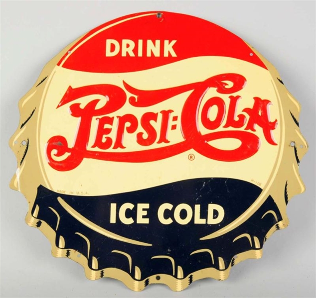1940S PEPSI-COLA EMBOSSED TIN BOTTLE CAP SIGN.    