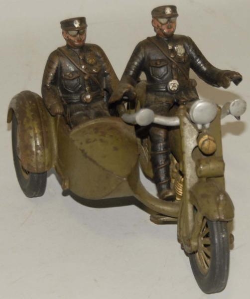 CAST IRON HUBLEY MOTORCYCLE WITH SIDECAR.         