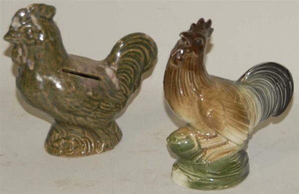 LOT OF 2: POTTERY ROOSTER STILL BANKS.            