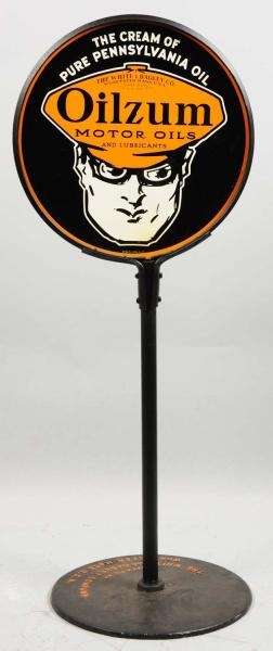 1937 TIN OILZUM 2-SIDED LOLLIPOP SIGN WITH BASE.  