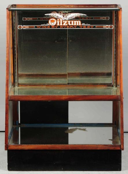SLANT FRONT DISPLAY CABINET WITH OILZUM GRAPHICS. 
