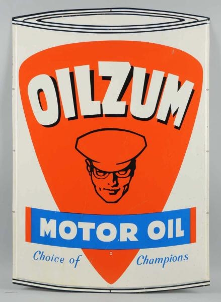 1940S LARGE OILZUM MOTOR OIL TIN CUTOUT SIGN.    