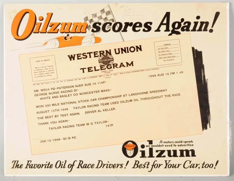 1948 OILZUM PAPER RACING RESULTS POSTER.          