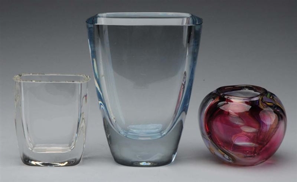 LOT OF 3: CRYSTAL ART GLASS VASES.                