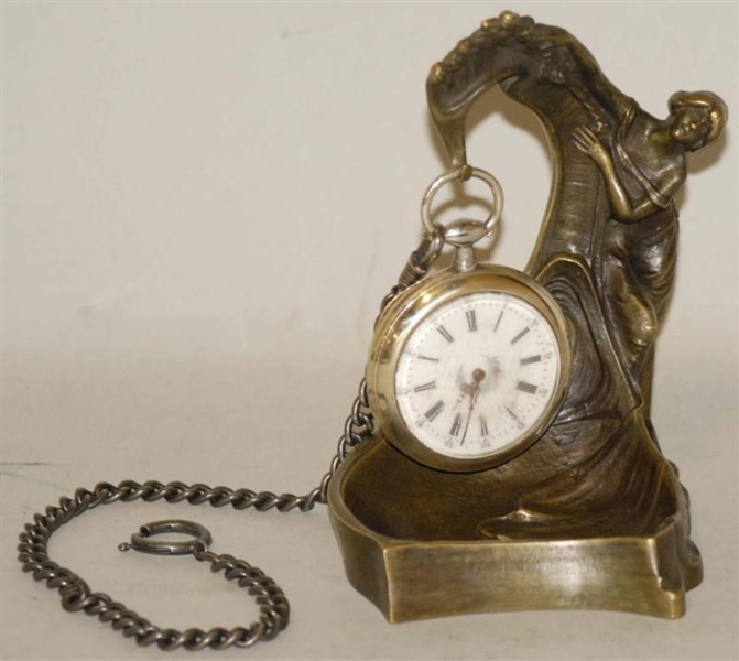 BRONZE FIGURAL LADY POCKET WATCH HOLDER AND WATCH 