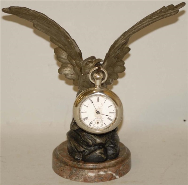 BROWN EAGLE POCKET WATCH HOLDER WITH WATCH.       