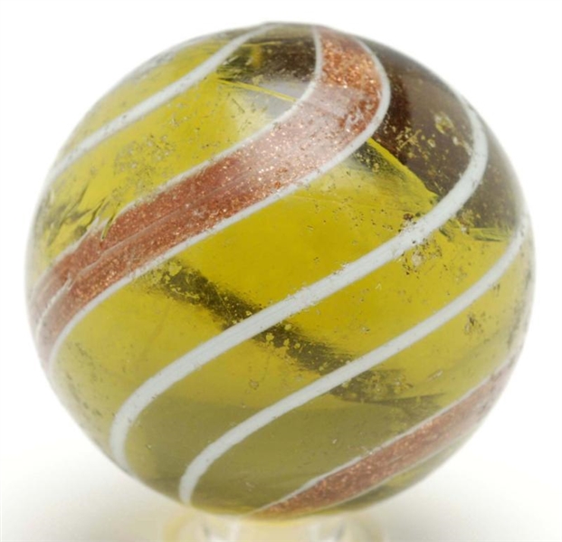 OLIVE GREEN GLASS BANDED LUTZ MARBLE.             