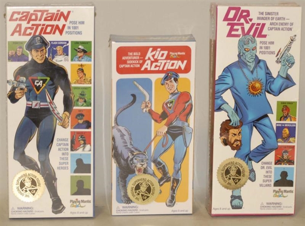 LOT OF 3: MODERN CAPTAIN ACTION FIGURES IN BOXES. 