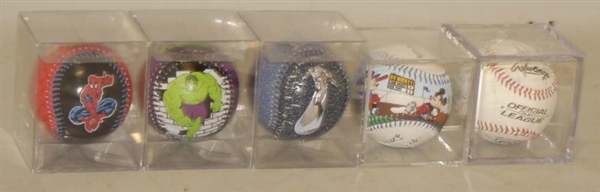 LOT OF 5: ASSORTED CHARACTER BASEBALLS IN CASES.  