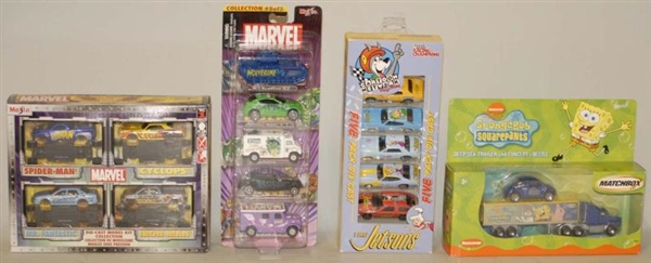LOT OF CHARACTER DIE CAST CARS IN BOXES.          