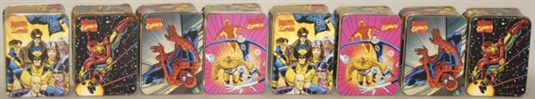 LOT OF 8: SMALL MARVEL COMIC TIN BOXES.           