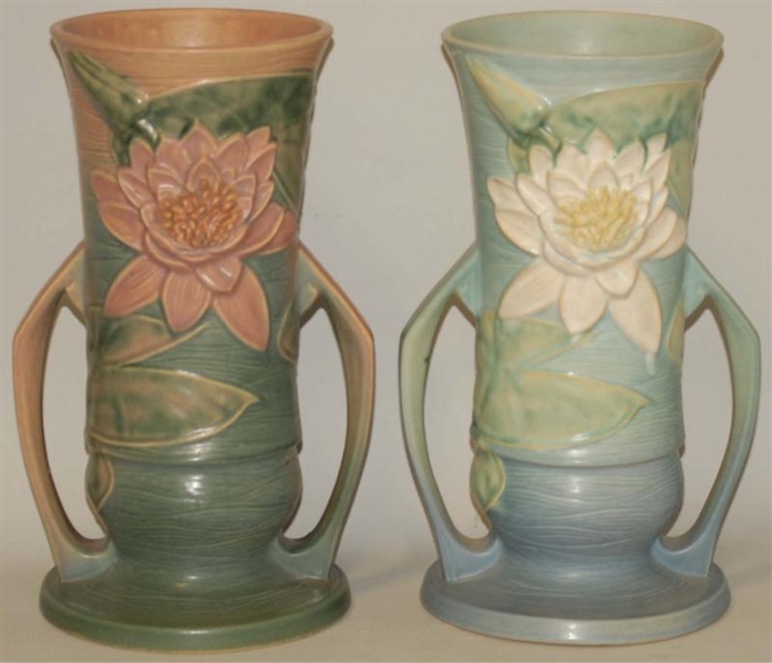 PAIR OF WATER LILY ROSEVILLE VASES.               