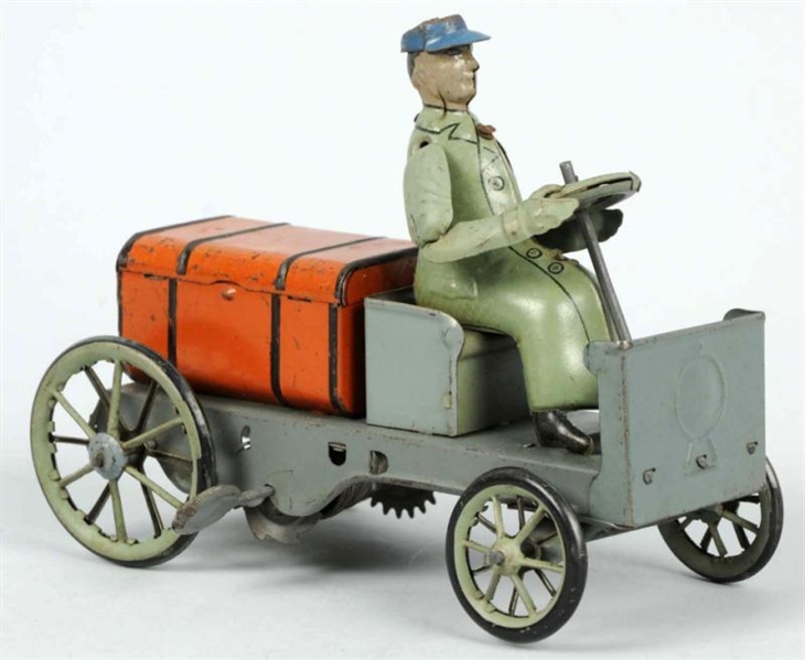 TIN LITHO WIND-UP MAN DRIVING CAR TOY.            