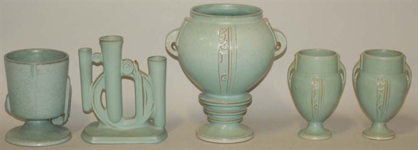 LOT OF 5: ROSEVILLE TURQUOISE GLAZE PIECES.       