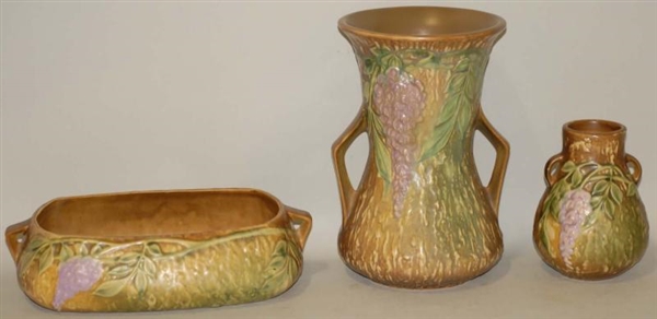 LOT OF 3: BROWN WISTERIA ROSEVILLE PIECES.        