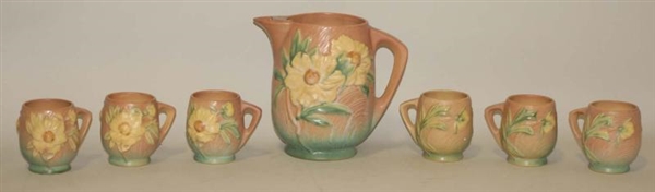 PINK PEONY ROSEVILLE PITCHER WITH 6 CUPS.         